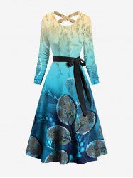 Robe Ligne A Croisée Ombre Branche Bleu Imprimée avec Ceinture Nouée - Bleu L