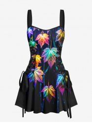 Colorful Ombre Maple Leaves Print Hawaii Lace Up A Line Tank Dress -  