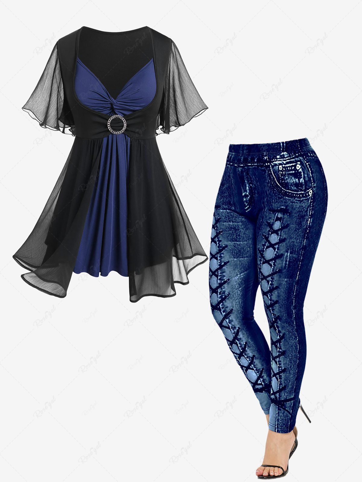 New Flutter Sleeves Twist Colorblock Twofer Tee and High Waisted 3D Printed Leggings Plus Size Outfit  