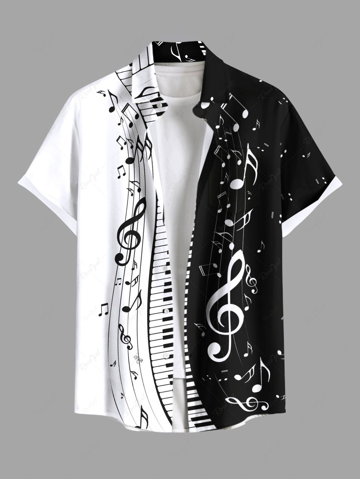 Chemise Homme Manches Courtes Imprimé Notes De Musique - Col Cubain, Polyester Léger, Décontractée - 2