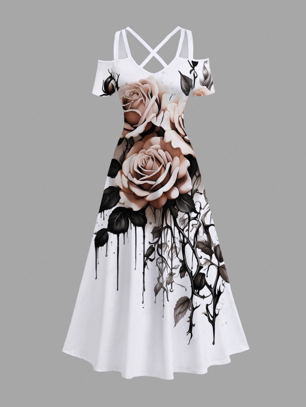 Outfits Plus Size Rose Flower Leaf Paint Drop Print Cold Shoulder Crisscross Hawaii Maxi Dress  