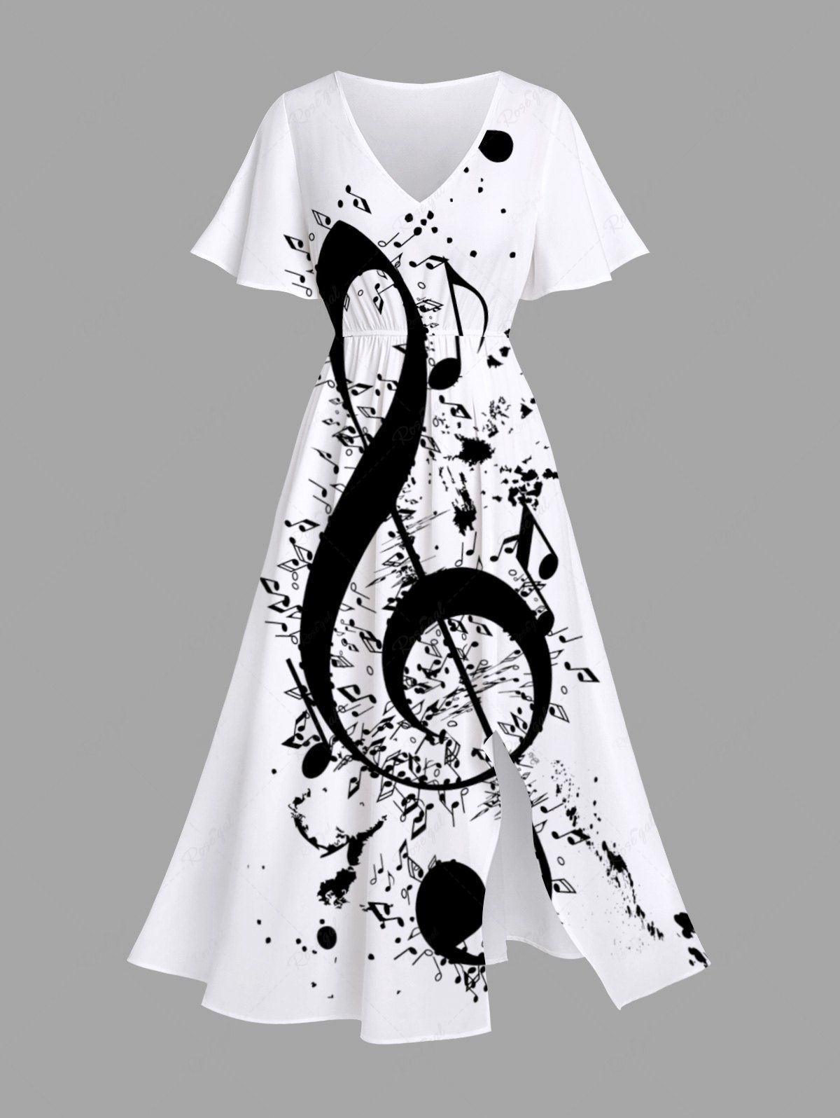 Online Plus Size Music Notes Ink Painting Splatter Print Split Midi Dress  