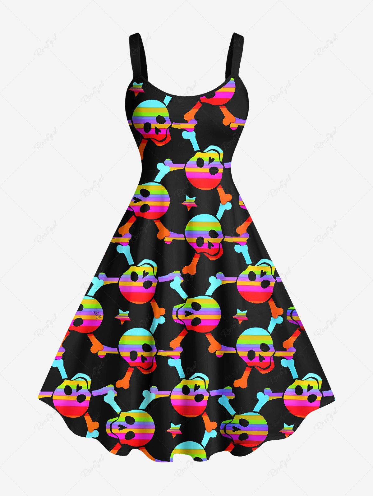 Discount Plus Size Colorful Skull Bone Stars Print Hawaii A Line Tank Dress  