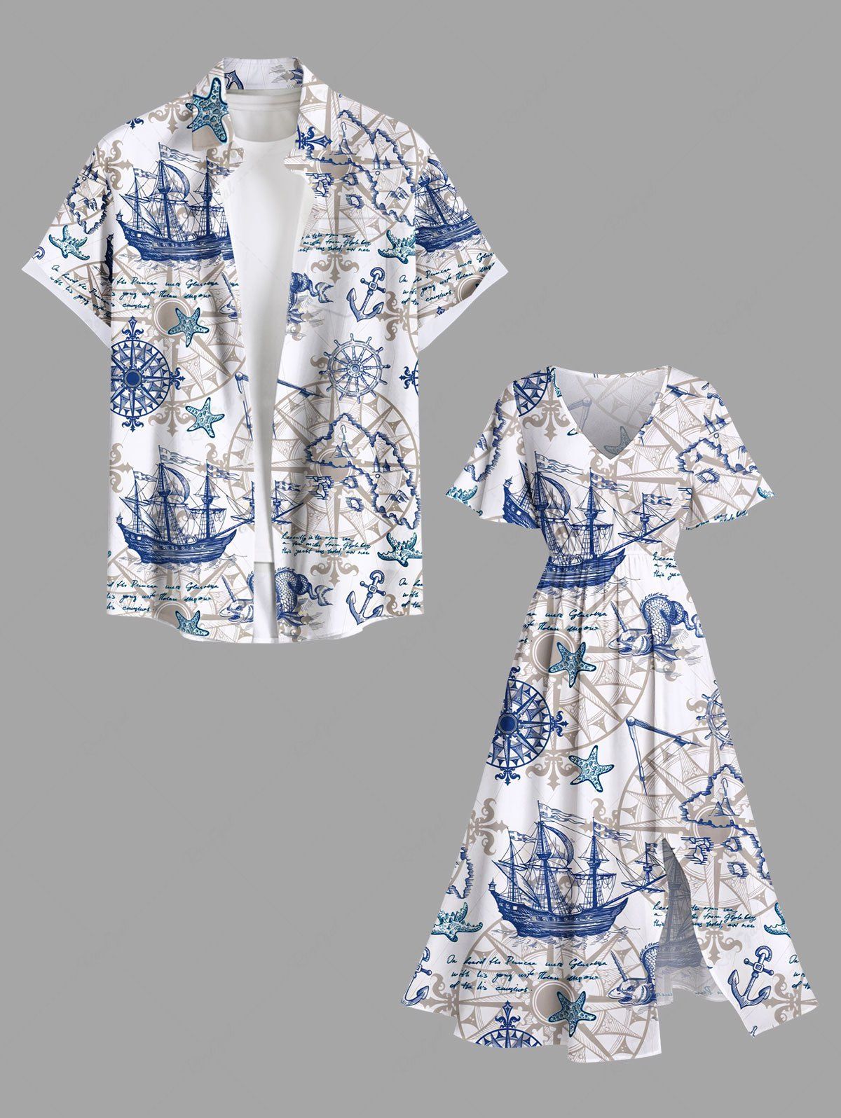 Latest Ship Anchor Steering Wheel Print Plus Size Matching Hawaii Beach Outfit For Couples  