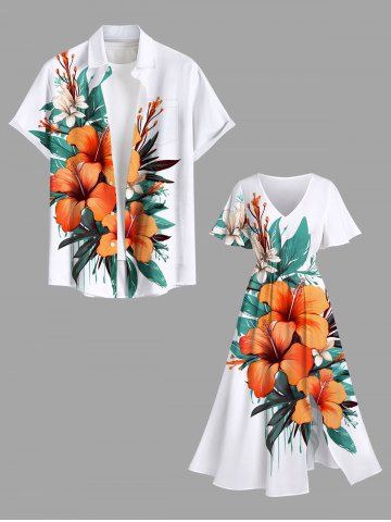 Hibiscus Flower Leaf Print Plus Size Matching Hawaii Beach Outfit For Couples - WHITE
