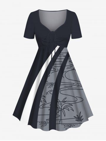 Plus Size Coconut Tree Sea Waves Colorblock Print Cinched Hawaii Dress - BLACK - S