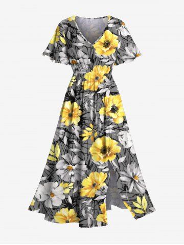 Plus Size Daisy Flowers Leaf Print Split Hawaii Midi Dress - YELLOW - XS