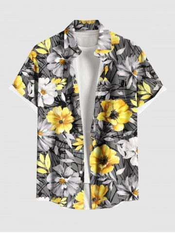 Plus Size Daisy Flowers Leaf Print Buttons Pocket Hawaii Shirt For Men - YELLOW - S