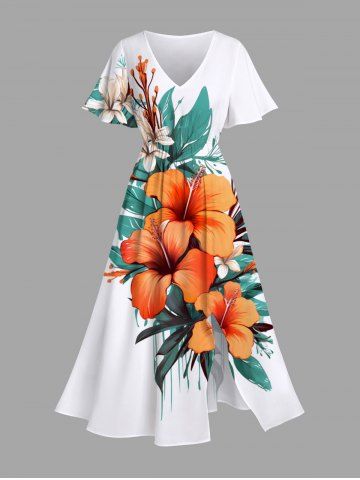 Plus Size Hibiscus Flower Leaf Print Split Hawaii Midi Dress - WHITE - XS