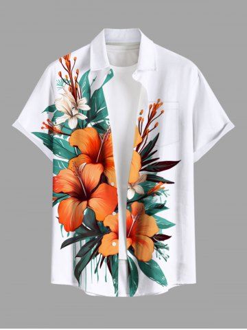 Plus Size Hibiscus Flower Leaf Print Buttons Pocket Hawaii Shirt For Men - WHITE - S