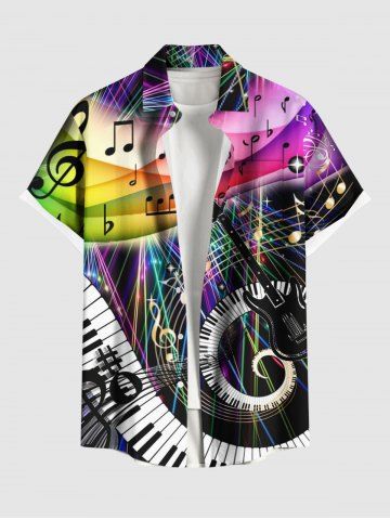 Plus Size Piano Keys Swirls Guitar Music Notes Print Buttons Pocket Shirt For Men - MULTI-A - 4XL