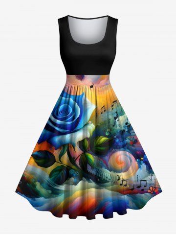 Plus Size Rose Flower Colorful Ombre Cloud Music Symbol Print Hawaii Valentines Vintage Swing A Line Dress - BLACK - XS