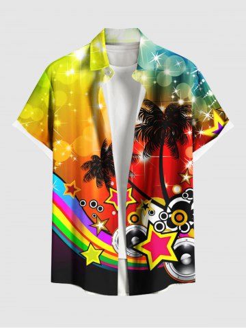 Plus Size Coconut Tree Star Music Tape Rainbow Glitter Sparkling Ombre Light Spot Print Hawaii Shirt For Men - YELLOW - S