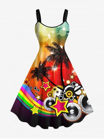 Plus Size Coconut Tree Star Music Tape Rainbow Glitter Sparkling Ombre Light Spot Print Hawaii A Line Dress - YELLOW - S