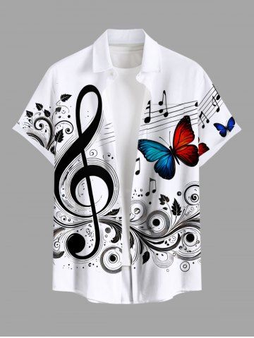 Plus Size Butterfly Curve Leaves Music Symbol Print Hawaii Button Pocket Shirt For Men - WHITE - S