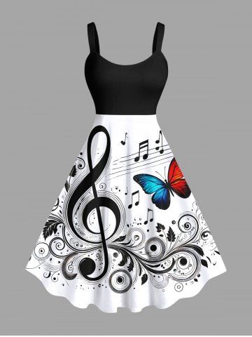 Plus Size Butterfly Curve Leaves Music Symbol Print Hawaii A Line Tank Dress - WHITE - XS