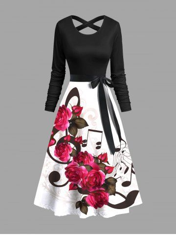 Rose Flower Leaf Music Symbol Print Hawaii Valentines Ombre Crisscross A Line Dress with Tied Belt - BLACK - L