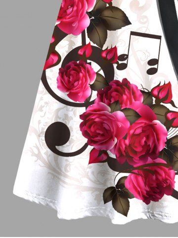 Rose Flower Leaf Music Symbol Print Hawaii Valentines Ombre Crisscross A Line Dress with Tied Belt