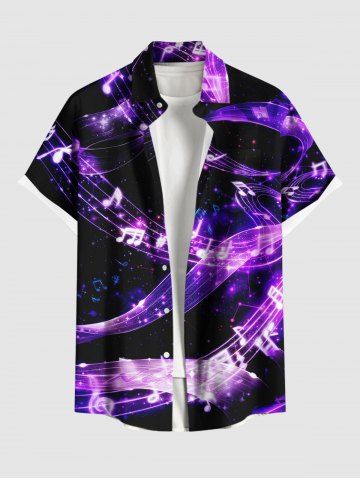 Plus Size Galaxy Star Music Notes Glitter 3D Print Buttons Pocket Shirt For Men - PURPLE - 4XL