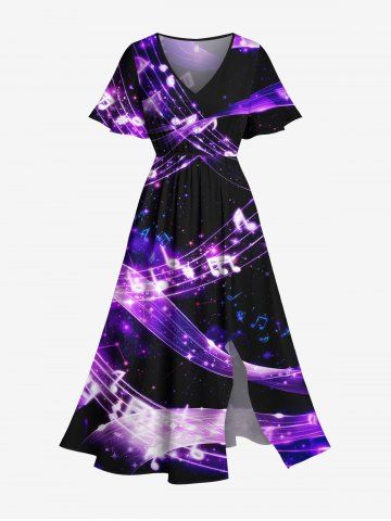 Plus Size Galaxy Star Music Notes Glitter 3D Print Split Midi Dress - PURPLE - 1X