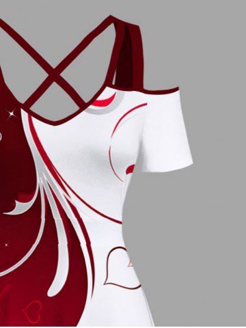 Plus Size Valentine's Day Heart Curve Two Tone Colorblock Print Cold Shoulder Crisscross Maxi Dress