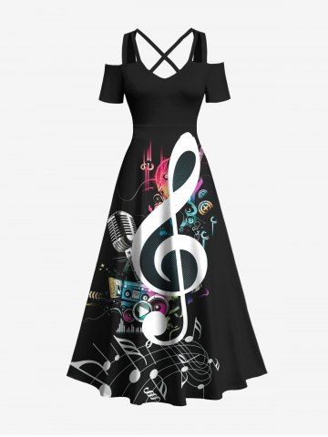 Plus Size Music Notes Radio Microphone Print Cold Shoulder Crisscross Maxi Dress - BLACK - 5X