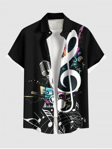 Plus Size Music Notes Radio Microphone Print Buttons Pocket Shirt For Men - BLACK - S
