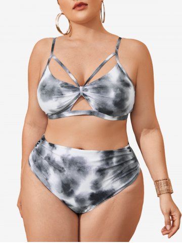 Plus Size Tie Dye Print Ruched Hollow Out Tankini Swimsuit - BLUE - L