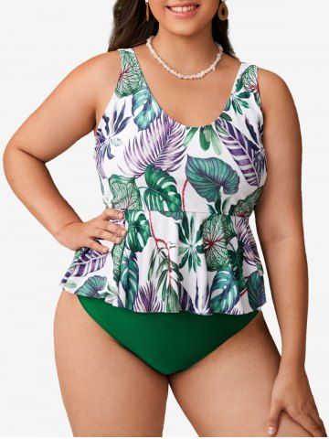 Plus Size Tropical Leaves Print Peplum Hem Hawaii Tankini Swimsuit - GREEN - 1XL