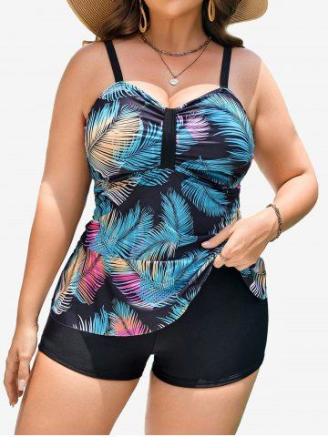 Plus Size Tropical Colorful Leaf Print Ruched Ruffles Boyleg Tankini Swimsuit - BLACK - L