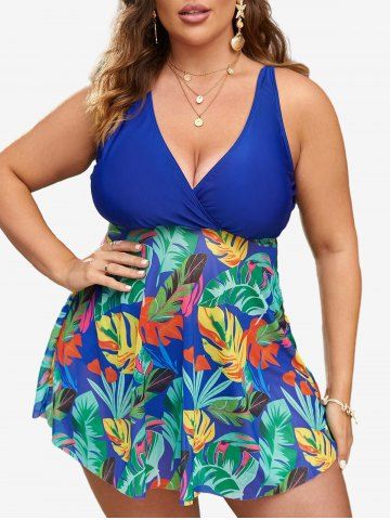 Plus Size Colorful Tropical Leaves Print Surplice Hawaii Tankini Swimsuit (Adjustable Shoulder Strap) - BLUE - L