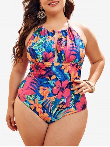 Plus Size Tropical Leaf Hibiscus Flower Print Halter Ruched Hawaii Swimsuit - MULTI-A - L