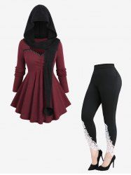 Lace Trim Rivet Ribbed Sweater With Fuzzy Ball Hooded Cape and Appliques Leggings Plus Size Outfit -  
