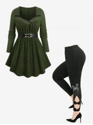 Lace Trim Belt Cable Knit Ribbed Sweater and Butterfly Bowknot Leggings Plus Size Outfit -  