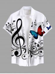 Plus Size Butterfly Curve Leaves Music Symbol Print Hawaii Button Pocket Shirt For Men -  