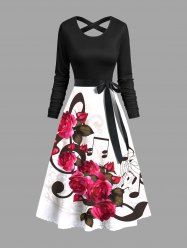 Robe Ligne A Feuille et Note de Musique Imprimées Ceinturée Nouée - Noir XS
