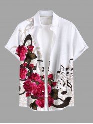 Plus Size Rose Flower Leaf Music Symbol Print Hawaii Valentines Ombre Button Pocket Shirt For Men -  