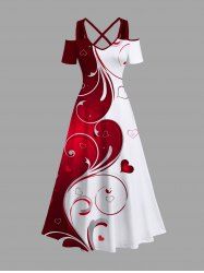 Plus Size Valentine's Day Heart Curve Two Tone Colorblock Print Cold Shoulder Crisscross Maxi Dress -  