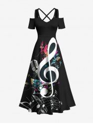 Plus Size Music Notes Radio Microphone Print Cold Shoulder Crisscross Maxi Dress -  