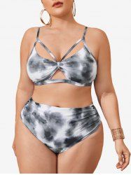 Plus Size Tie Dye Print Ruched Hollow Out Tankini Swimsuit -  