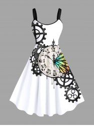 Plus Size Colorful Ombre Butterfly Clock Gear Print Hawaii A Line Dress -  