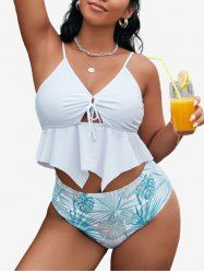 Plus Size Hollow Out Cinched Asymmetrical Tropical Leaf Print Bottom Tankini Swimsuit -  