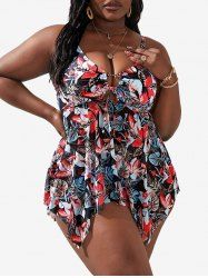 Plus Size Tropical Leaves Floral Print Cinched Bust Hawaii Handkerchief Backless Tankini Swimsuit -  