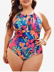 Plus Size Tropical Leaf Hibiscus Flower Print Halter Ruched Hawaii Swimsuit -  