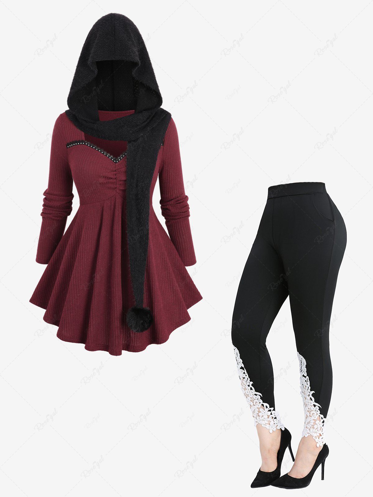 Affordable Lace Trim Rivet Ribbed Sweater With Fuzzy Ball Hooded Cape and Appliques Leggings Plus Size Outfit  