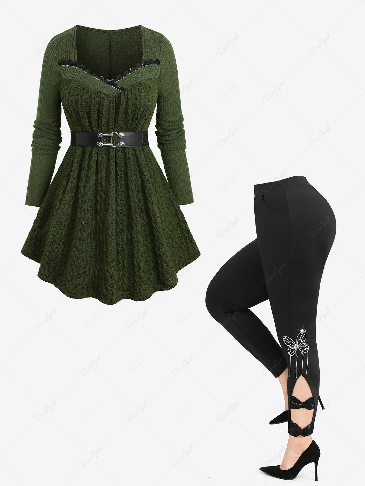 Best Lace Trim Belt Cable Knit Ribbed Sweater and Butterfly Bowknot Leggings Plus Size Outfit  