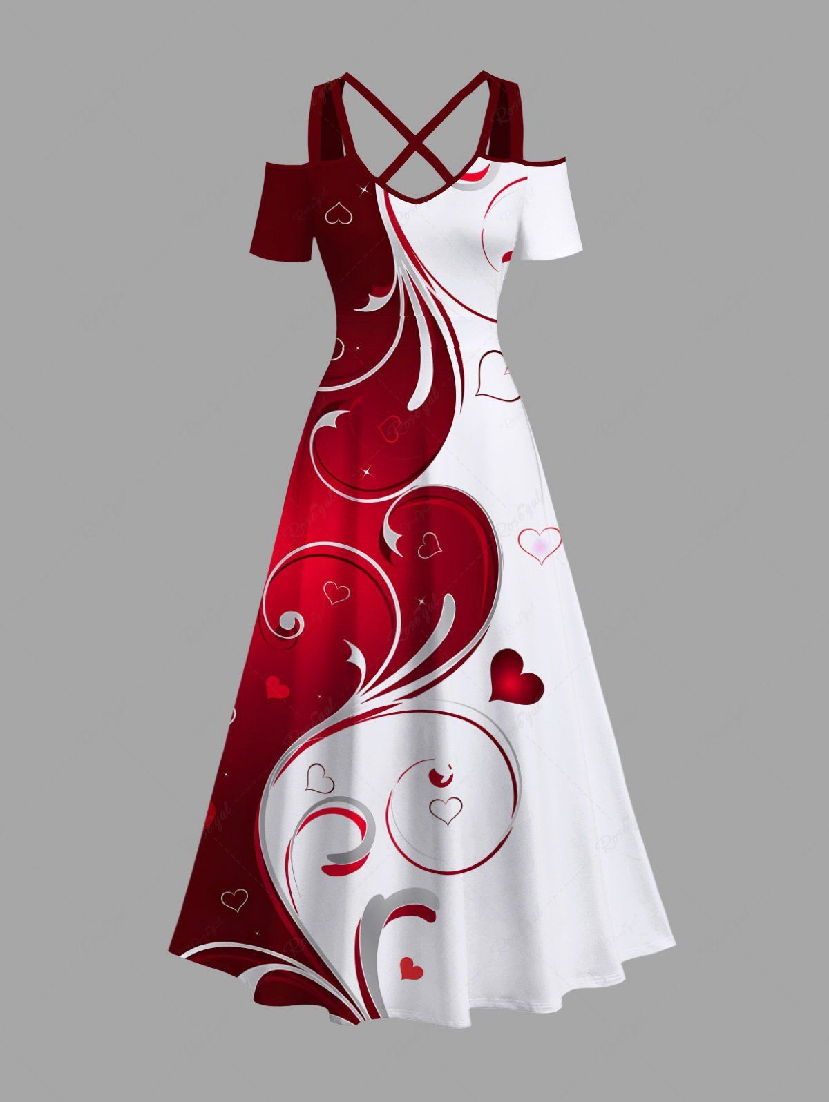 Unique Plus Size Valentine's Day Heart Curve Two Tone Colorblock Print Cold Shoulder Crisscross Maxi Dress  