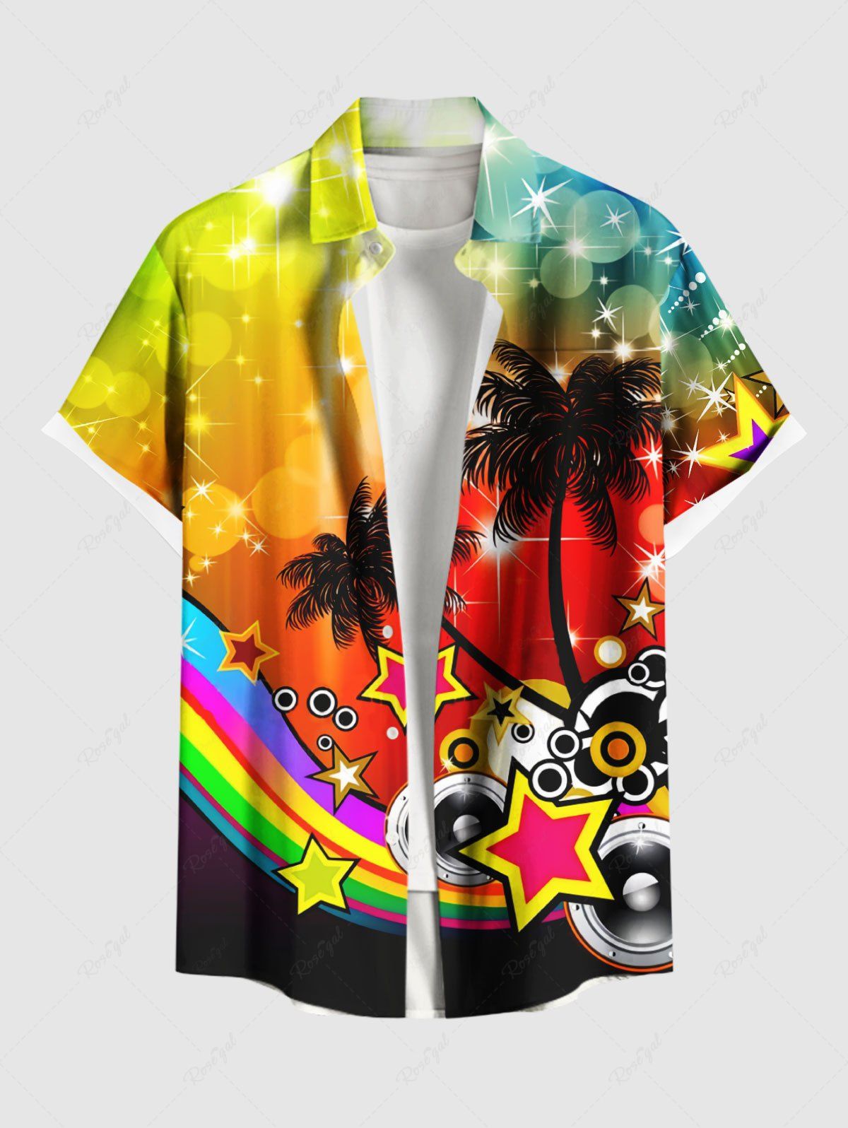 Trendy Plus Size Coconut Tree Star Music Tape Rainbow Glitter Sparkling Ombre Light Spot Print Hawaii Shirt For Men  