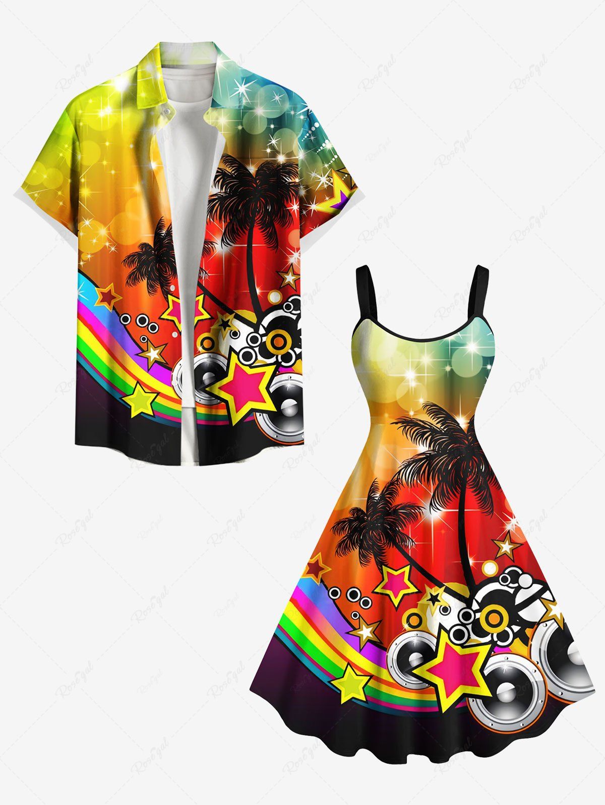 Outfit Coconut Tree Star Music Tape Rainbow Glitter Sparkling Ombre Light Spot Print Plus Size Matching Hawaii Beach Outfit For Couples  
