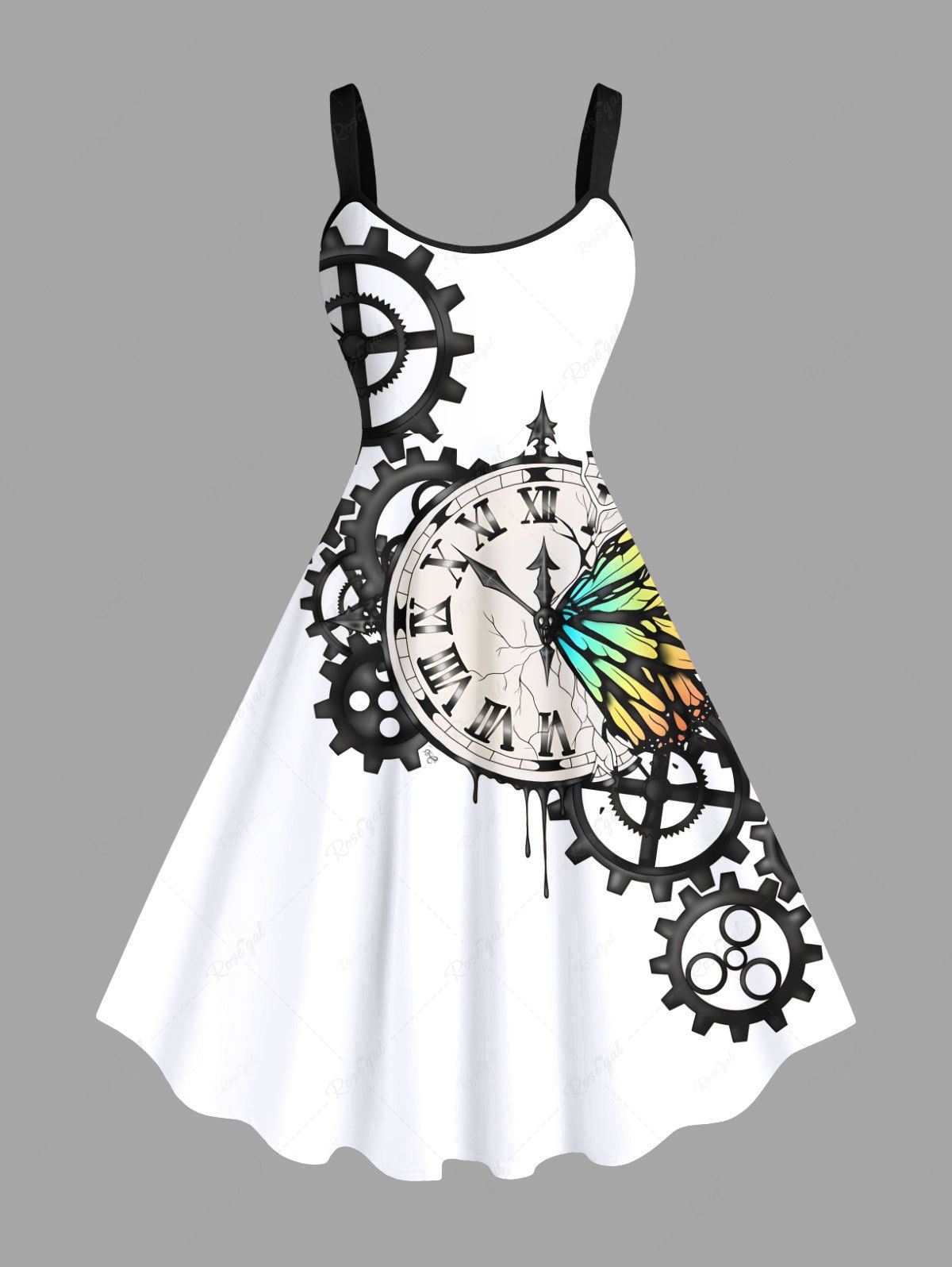 Chic Plus Size Colorful Ombre Butterfly Clock Gear Print Hawaii A Line Dress  
